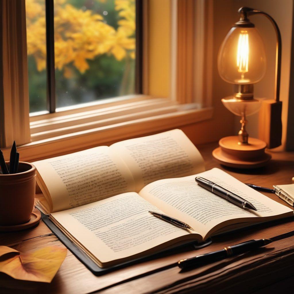 An open notebook with a stylish fountain pen resting on it, sprinkled with scattered articles and journal pages featuring engaging headlines. In the background, a cozy workspace with a warm lamp casting light on an inspiring view of nature through a window. Include vibrant colors to evoke creativity and focus. super-realistic. warm tones.