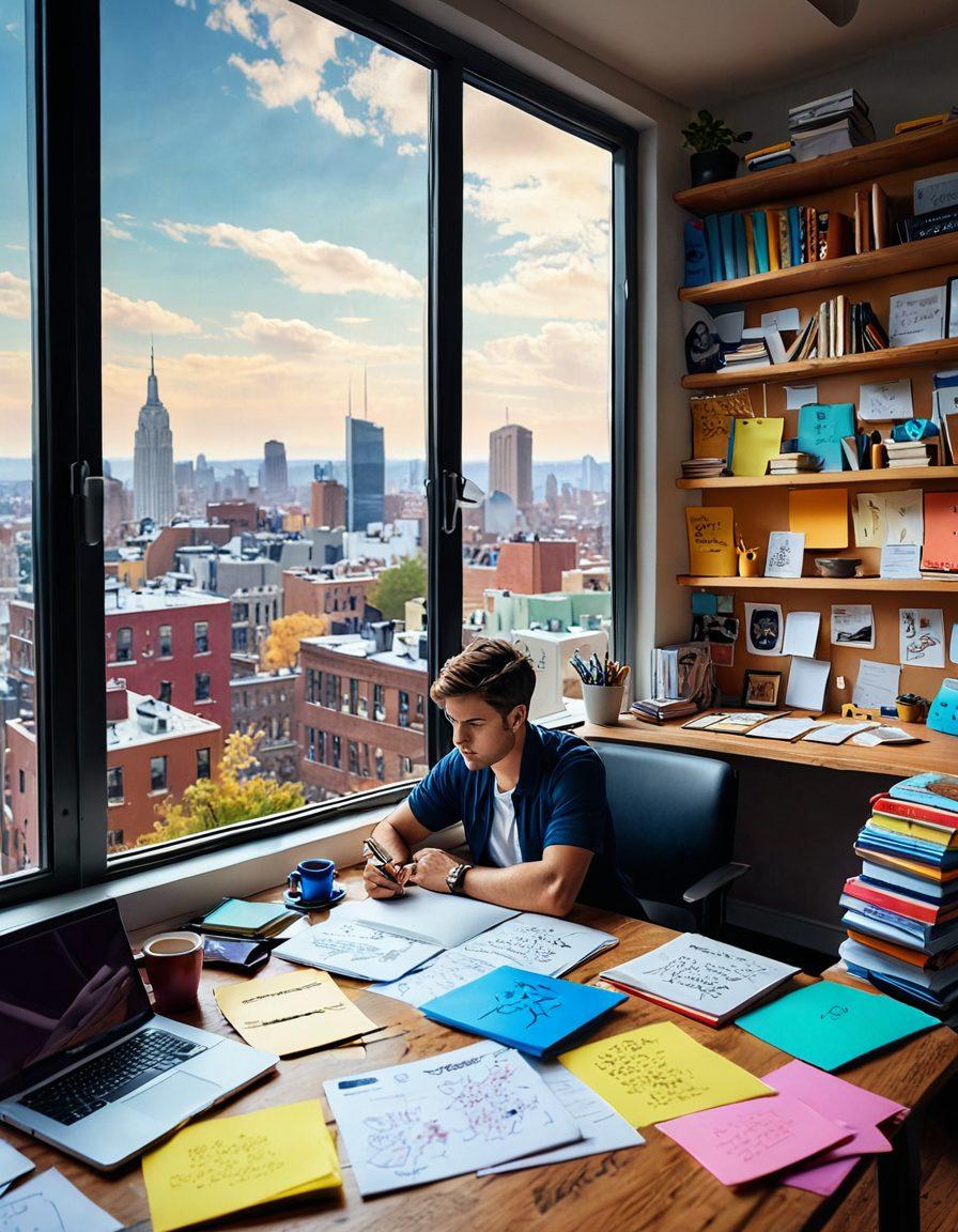 A dynamic scene of a writer passionately brainstorming content strategies with a colorful mind map spread across a desk, surrounded by books and a laptop. In the background, a large window shows an inspiring view of a cityscape, symbolizing reach and impact. The atmosphere is lively with bright colors and creative elements like sticky notes and coffee cups. super-realistic. vibrant colors. 3D.