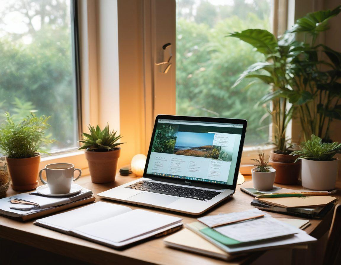 A cozy workspace featuring a laptop open to a vibrant blog page, surrounded by colorful notebooks and pens. Soft light streaming in from a window with plants in the background. A steaming cup of coffee rests on the desk, symbolizing creativity and productivity in blogging. Elements of digital art tools scattered around, reflecting the strategies for engaging online journaling. warm tones and dynamic layout. super-realistic. vibrant colors.